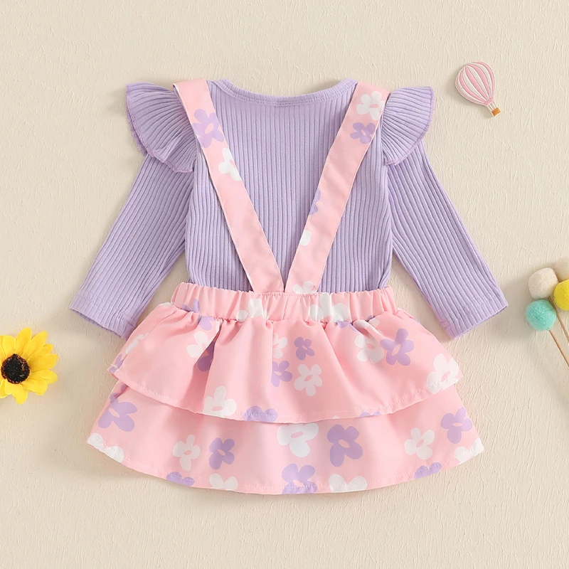 Baby Girls 2Pcs Fall Outfits Long Sleeve Ribbed Romper + Suspender Skirt Set Newborn Lovely Clothes Set