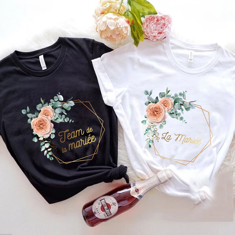 

Team Bride Tshirt Bachelorette Bridal Wreath Wedding Party T-Shirts Evjf Future Bride Tees French Woman Single Farewell Tops