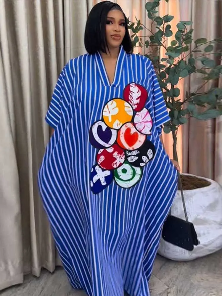 Damen Sommerkleider Blau-Weiß Gestreift Lässige Lange Strandkleider für Frauen V-Ausschnitt Elegantes Modisches Locker Sitzendes Kleid