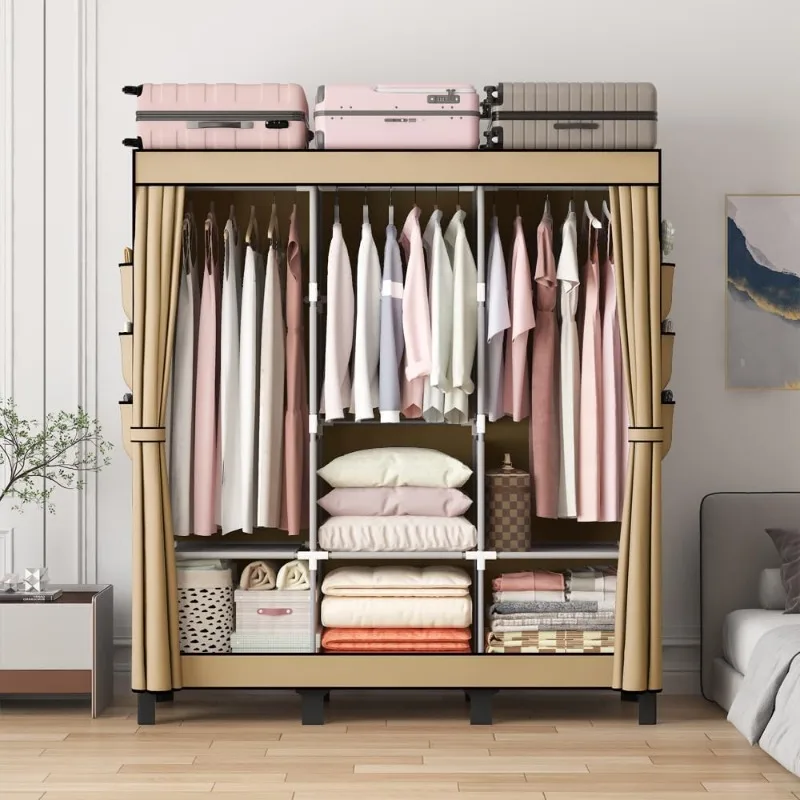 Lemari pakaian gantung sederhana, banyak rak dan 3 gantungan, 18 saku samping 51 "W*17.7" D*67.7 "H (warna krem)