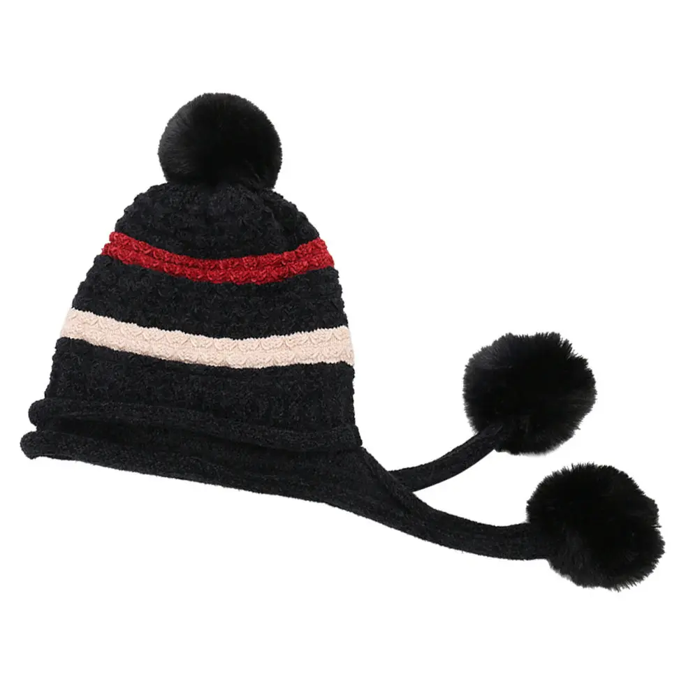 

Women Knitted Wool Hat Winter Warm Ski Hat with Three Pom Poms for Outdoor Activities Ice Skating Snowboarding Hiking Dog