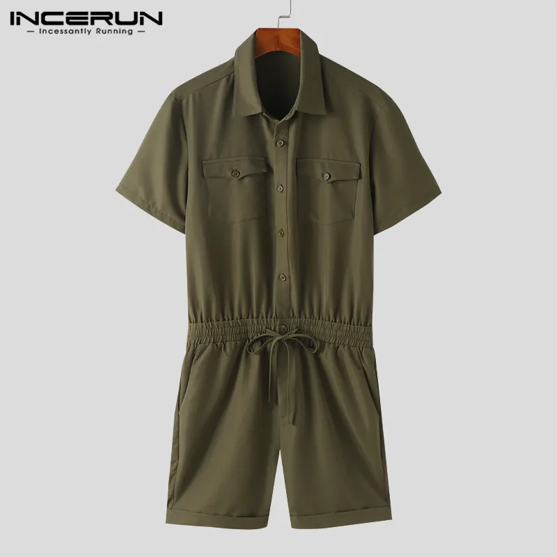 INCERUN 2024 American Style Shorts Fashion New Men Jumpsuits Streetwear Male Personality Short Sleeved Solid Cargo Rompers S-5XL