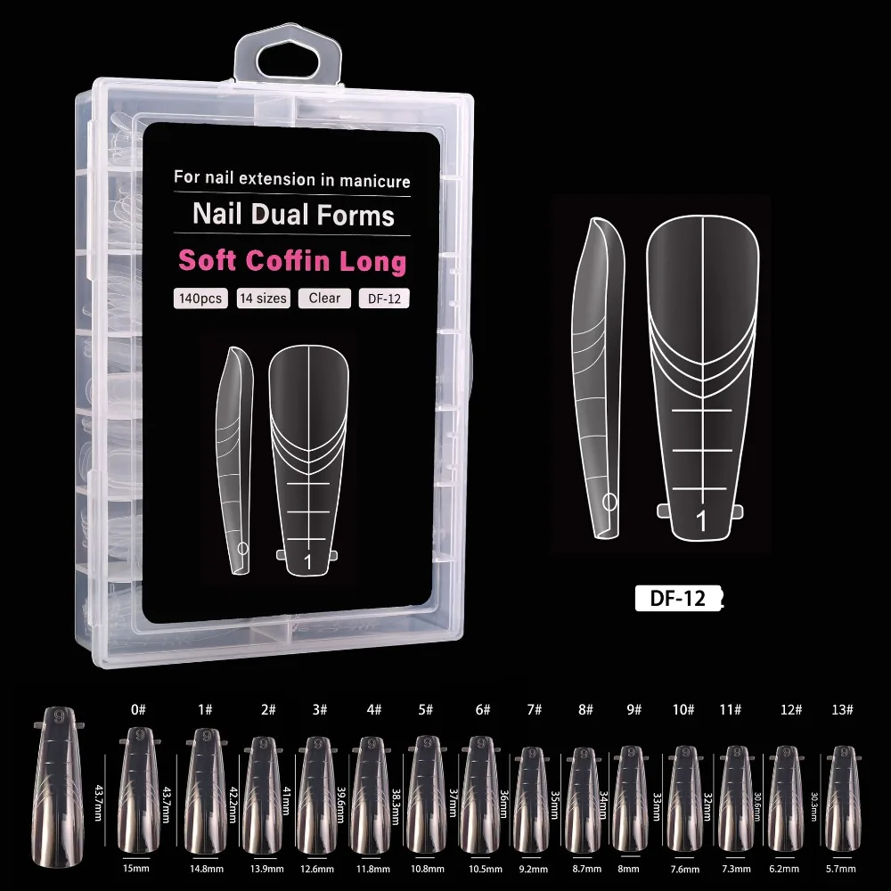 140PCS 14 Sizes French Nail Dual Form with Inner French Line Reusable Nail Extension Mold Square Almond Fake Nail Tips