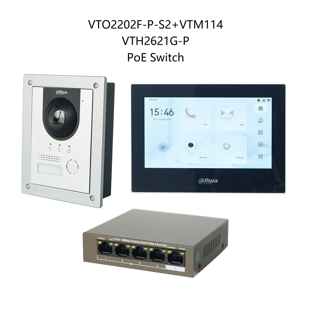 Dahua Multi-Language IP Video Intercom KIT,VTO2202F-P-S2 & VTH2621G-P & PoE switch