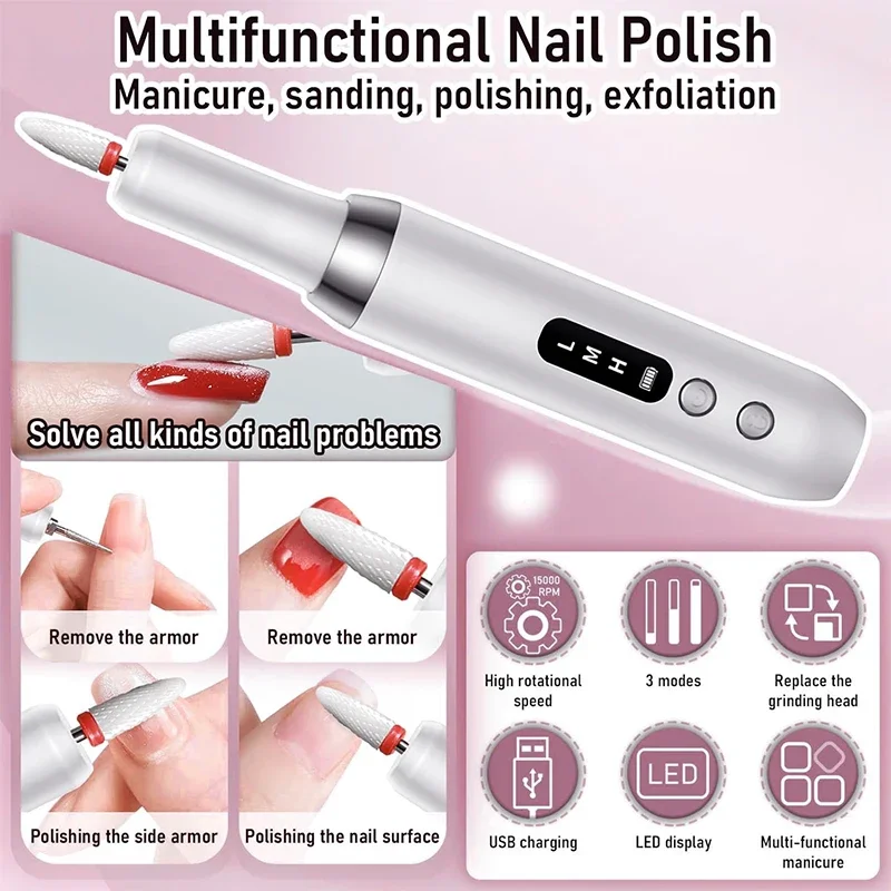 Electric Nail Drill Machine Nail Drills 15000RPM for Gel Nails Polish Rechargeable Portable Professional Nail File Manicure Tool