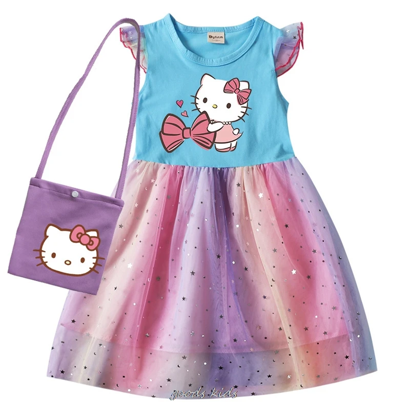 Niemowlę dziewczynka księżniczka sukienka Hello Kitty ubranka niemowlęta dziewczynki krótki rękaw swobodne sukienki i torba na urodziny dziecka