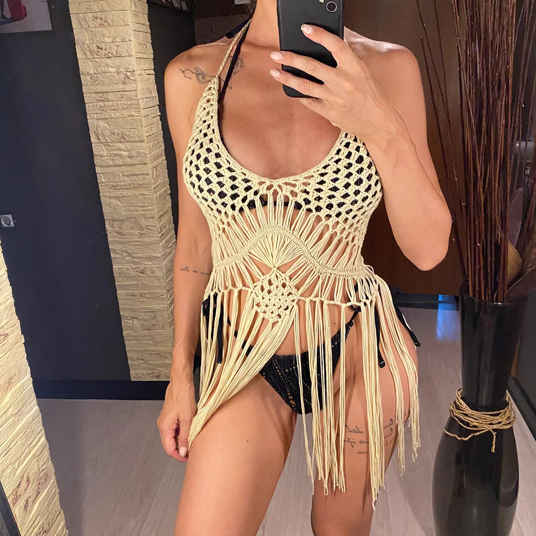 Sexy, langes, mit Fransen versehenes, gehäkeltes, gestricktes Tunika-Oberteil, Strandkleid, Strandmode, Strandbekleidung, Strand-Cover-up, Damen, V5573 – Detail 3