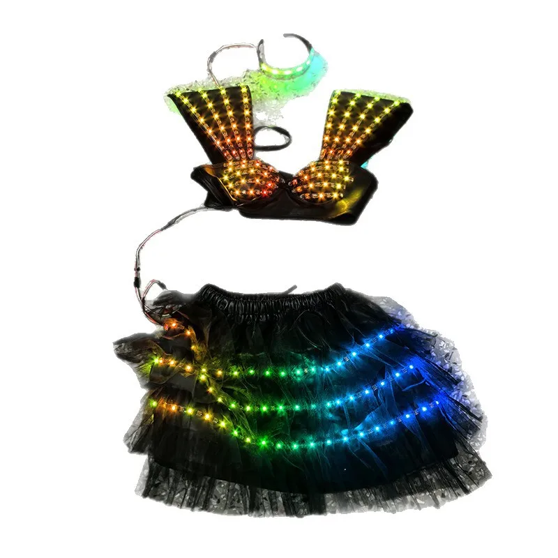 Damen-Show, LED-Leuchtkostüm, Oberrock, 2-teiliges Set, Brille, Fantasie, Bühnenauftritt, Nachtclub, Sänger, Party, Rave-Outfit, Neu
