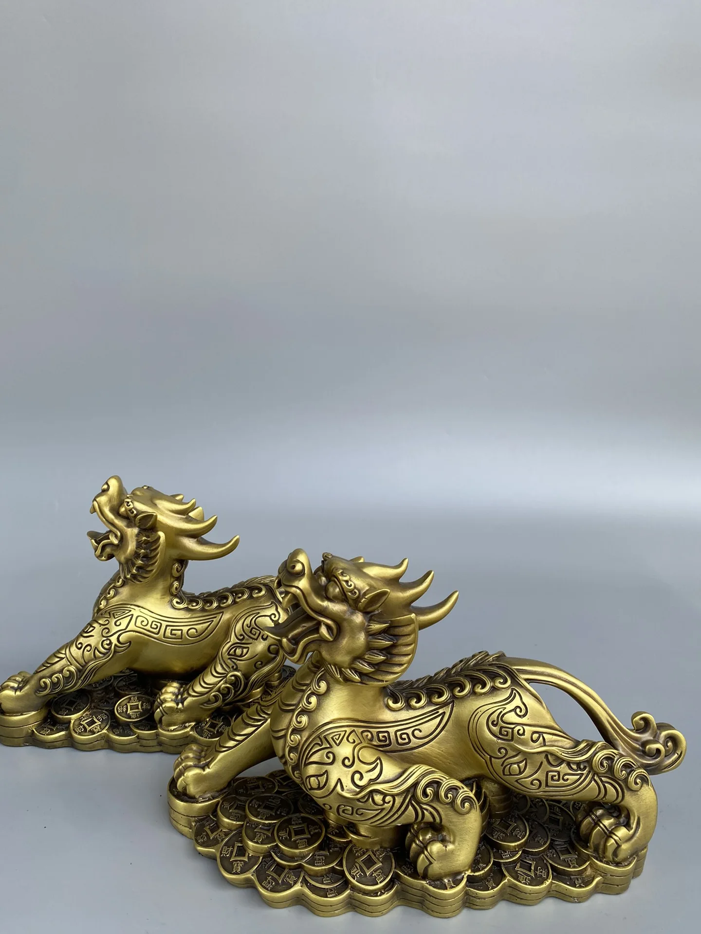 7”Xizang Folk Collection  Old Brass Brave Troops Pixiu Statue A Pair Chinese Coins Amass wealth Ornaments Town house Exorcism