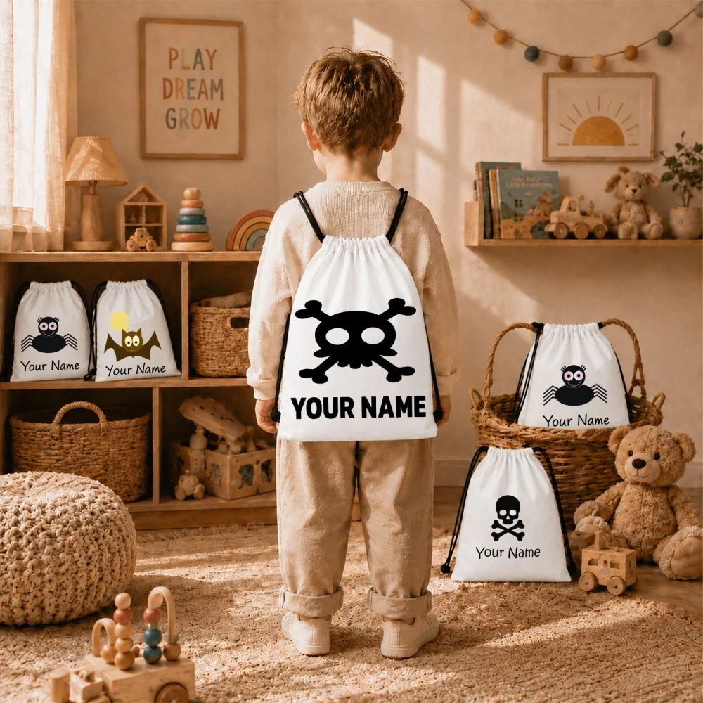5 Pack Personalized Mixed Bat Spider Skull Drawstring Backpack Set Custom Name Candy Bags Halloween Pattern Storage Gift Sacks
