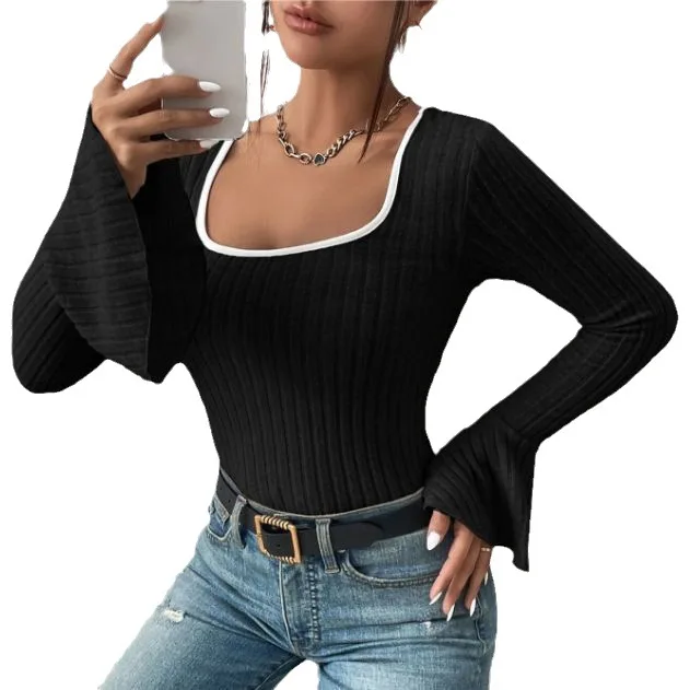 2025 nouveau T-shirt tricoté haut femmes Sexy mince col carré manches évasées T-shirt pour femmes T-shirt printemps solide T-shirt blanc