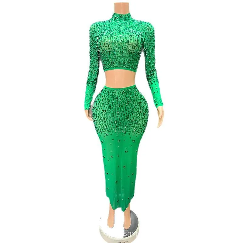 

Весенне-летняя темно-зеленая темпераментная сумка со стразами, юбка для выступлений певицы, модная одежда для пения, платье для ежегодного собрания