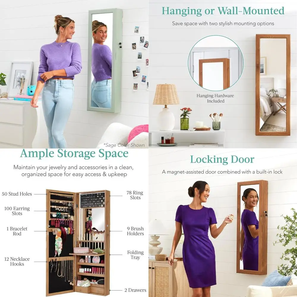 

Tall Wall-Mounted Lockable Jewelry Cabinet with Mirror, Drawers, Tray, and Shelves in Rustic Brown