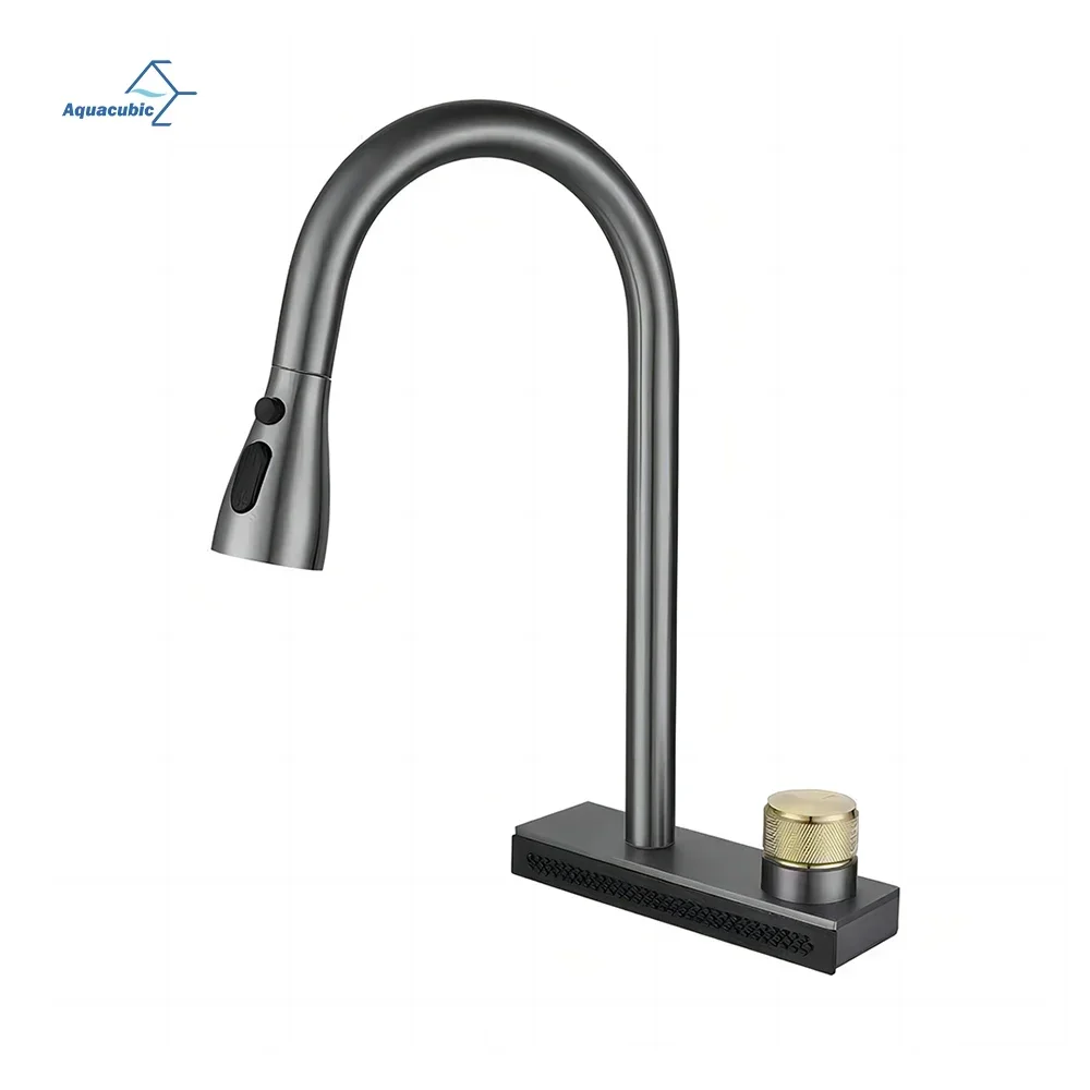 China Black Waterfall Kitchen Faucet with Pull Down Sprayer Sink Faucets Single Handle Grey Mixer Tap