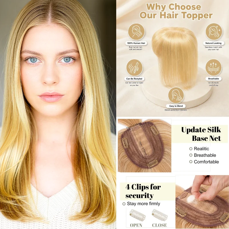 100% Human Hair Silk Lace Base Clip In Women Topper With Bangs 7x10 25cm #613 #60 In Stock 48H Ship Wholesale Dropship