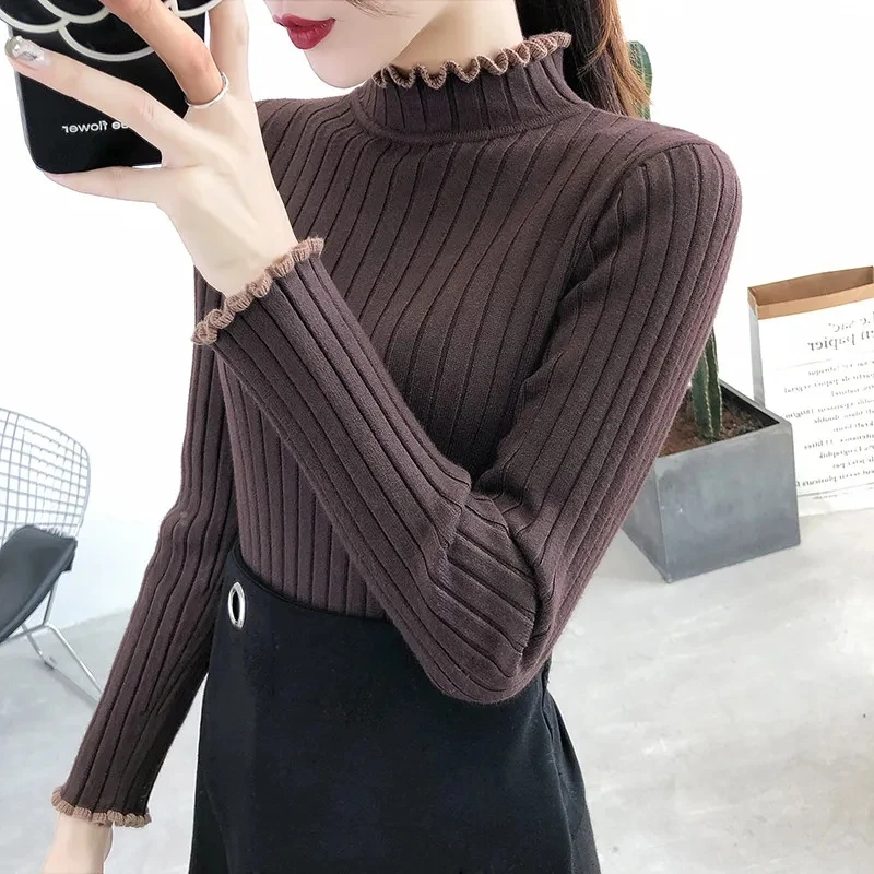 

Core-Spun Yarn 2023 Autumn Winter New Female Sweater Wood Ear Half Turtleneck Sweater Women's Knitted Bottoming Shirt Top