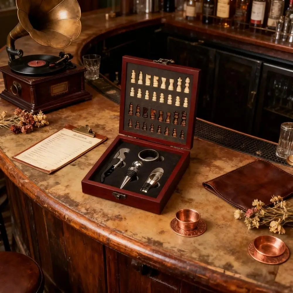 مجموعة فتاحة النبيذ مع رقعة الشطرنج، مجموعة إكسسوارات النبيذ المكونة من 4 قطع، مناسبة للترفيه ومحبي النبيذ والمضيفين وكهدايا