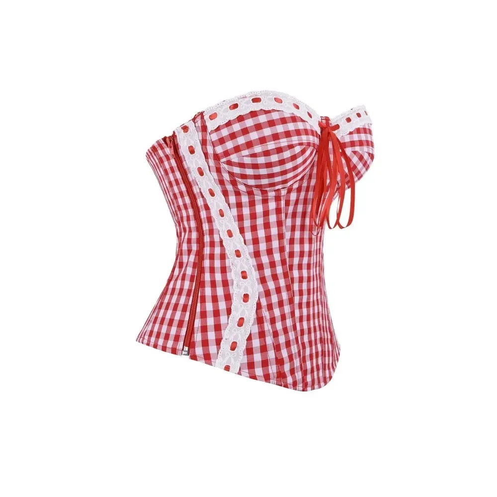Sexy Vintage Red White Checkered Overbust Corset Side Zipper Sweetheart Neckline Lace Up Bustier Waist Cincher for Women