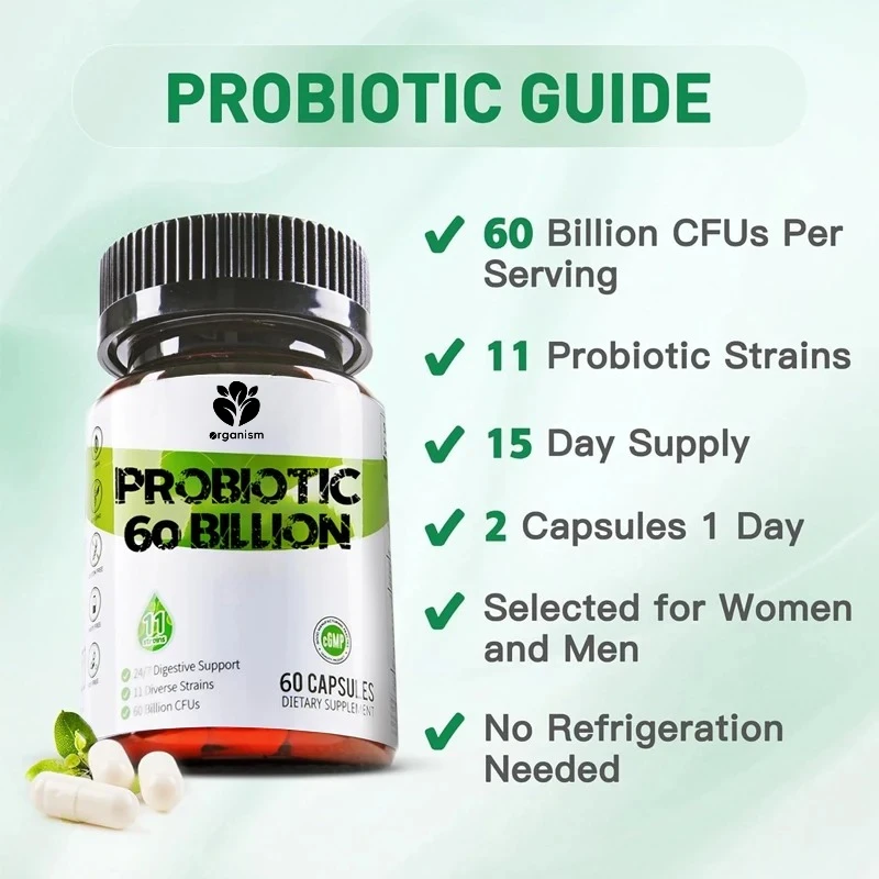 60 billion colony units of probiotics, 11 different strains of probiotics, immune, digestive, and intestinal health, 60 capsules