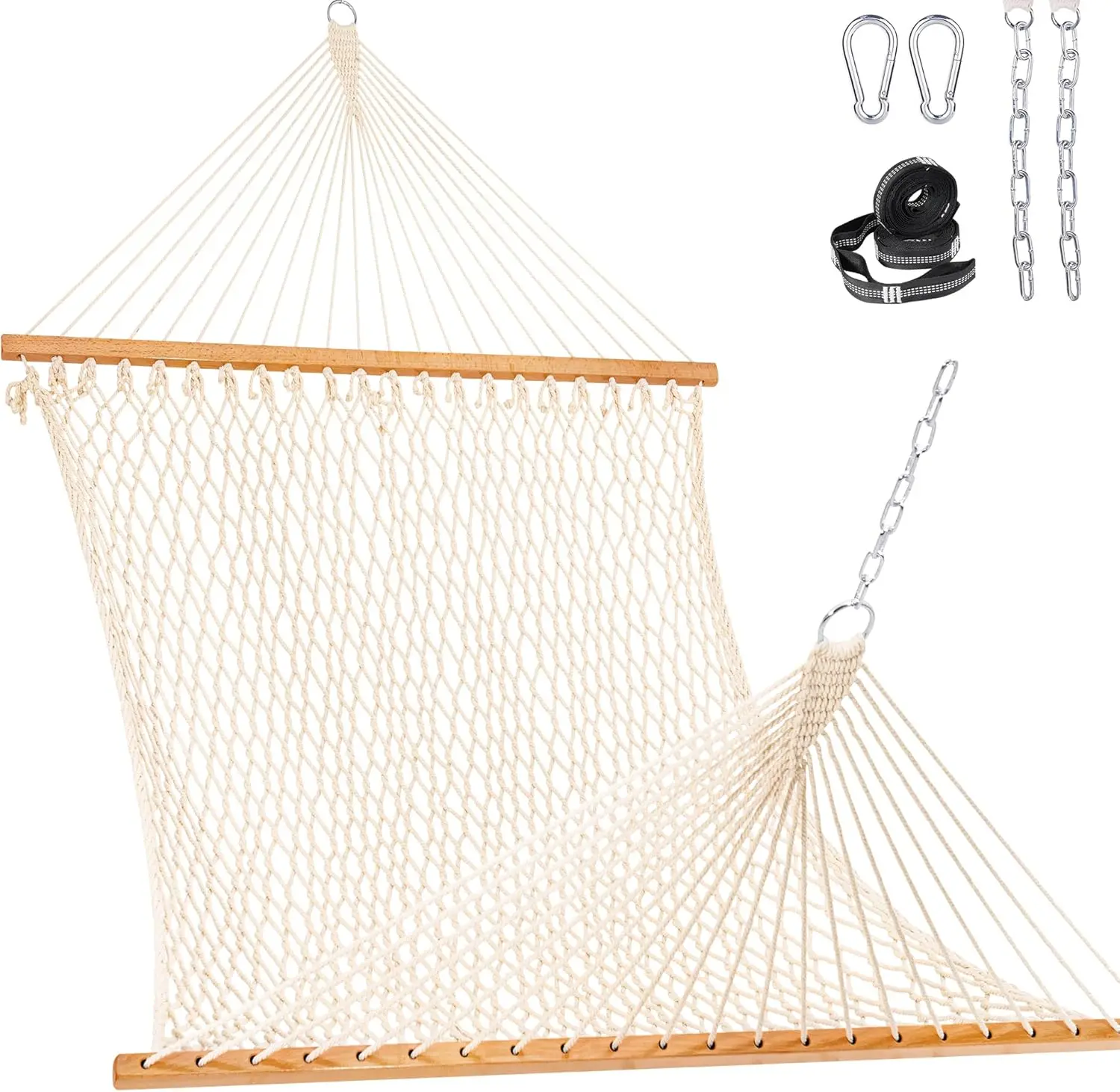 

Double Rope Hammock for 2 Persons, Outdoor Hand Woven Cotton with Spreader Bar, Chains & Tree Straps - Supports 450 Lbs