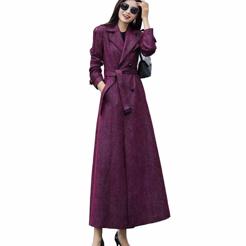 Fashion X-Long Chamois Suede Trench Coat Women Spring Autumn Windbreaker Purple Double Breasted Plus Size Casual Outwear KW319