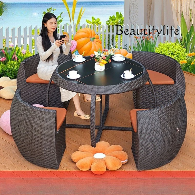 

Outdoor rattan tables and chairs courtyard garden balcony household storage sunscreen waterproof tables and chairs designer