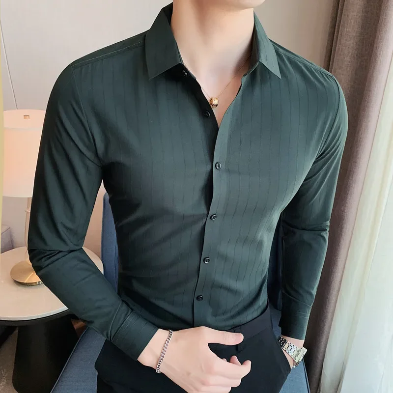 

2023 Men's Versatile Long Sleeve Solid Stripe Traceless Shirt Elastic Large Fit Shirt