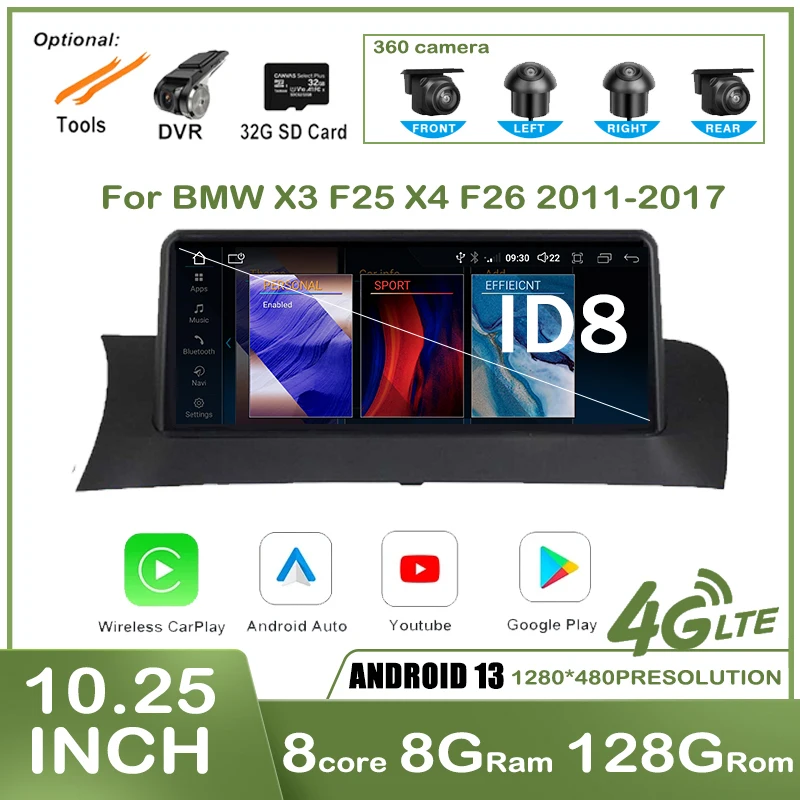 

10.25" Android 13 ID8 For BMW X3 F25 X4 F26 2011 - 2016 CIC NBT Car Radio GPS Video BT Carplay Multimedia Playe Head Unit Stereo