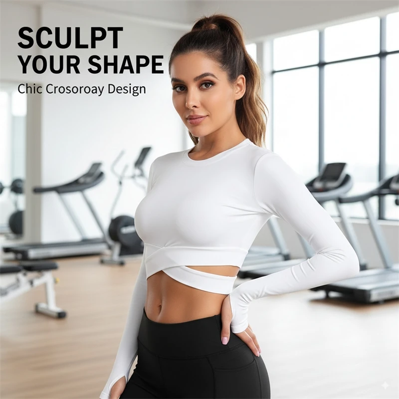 Women’s Fitted Yoga Sports Top Long Sleeve Crop Shirt Waist Revealing Breathable Training Running Wear 2025