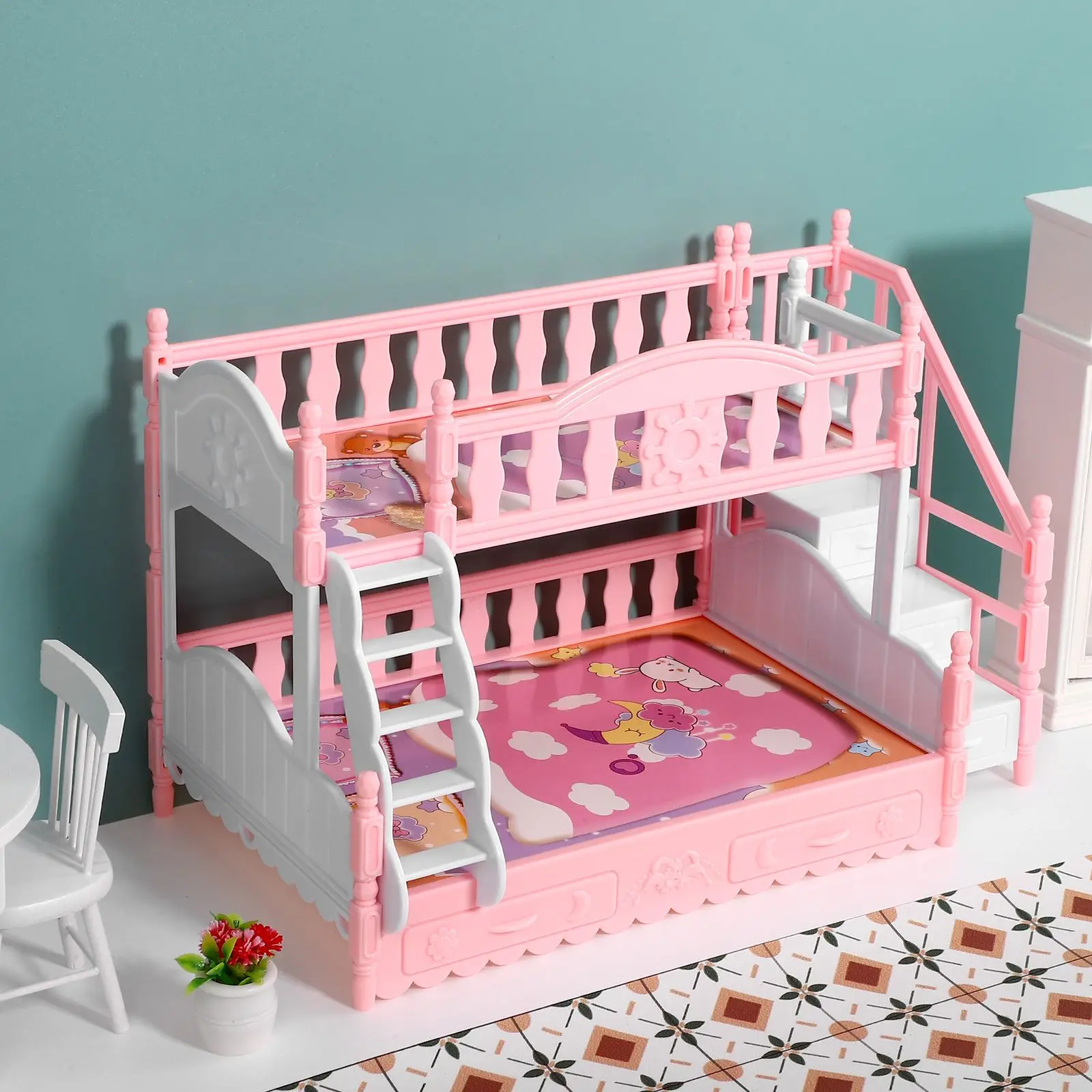 บ้านมินิเฟอร์นิเจอร์ห้องนอน Micro Miniatures พลาสติกเตียงสองชั้น 1/12 Scale เตียงสองชั้น Pretend Play House ตกแต่ง