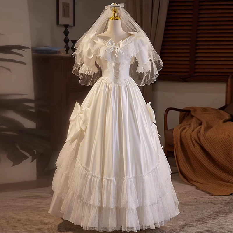 AnXin SH french retro princess white satin v neck ruffles flower lace puff sleeve big bow ball gown customized evening dress image 3