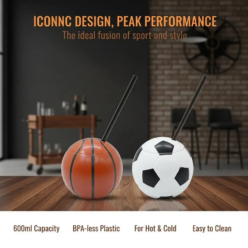1Pcs Realistic Plastic Basketball Theme Water Cup With Straw And Lid 450/600ML Soccer Shaped Drink Cup Ball Shape Straw Cup