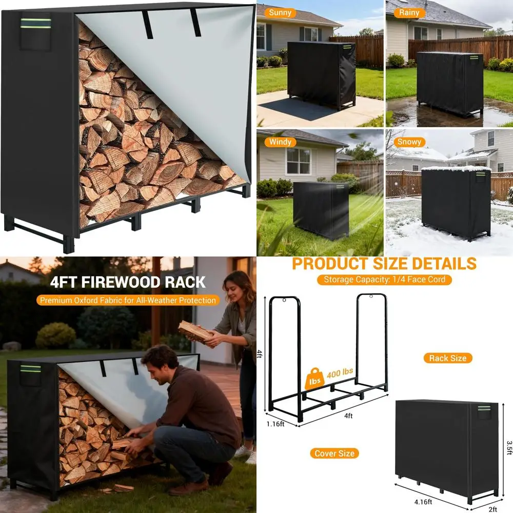 

Heavy-Duty Outdoor Log Rack with Waterproof Cover, Indoor/Outdoor Wood Storage Stand for Fireplace