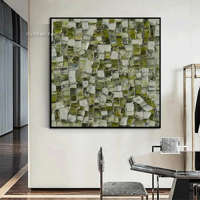 Special Deep Green White Blocks Canvas Thick Artwork Original Hand Made Grass Green Grey Oil Painting Items For Hoem Wall Decor