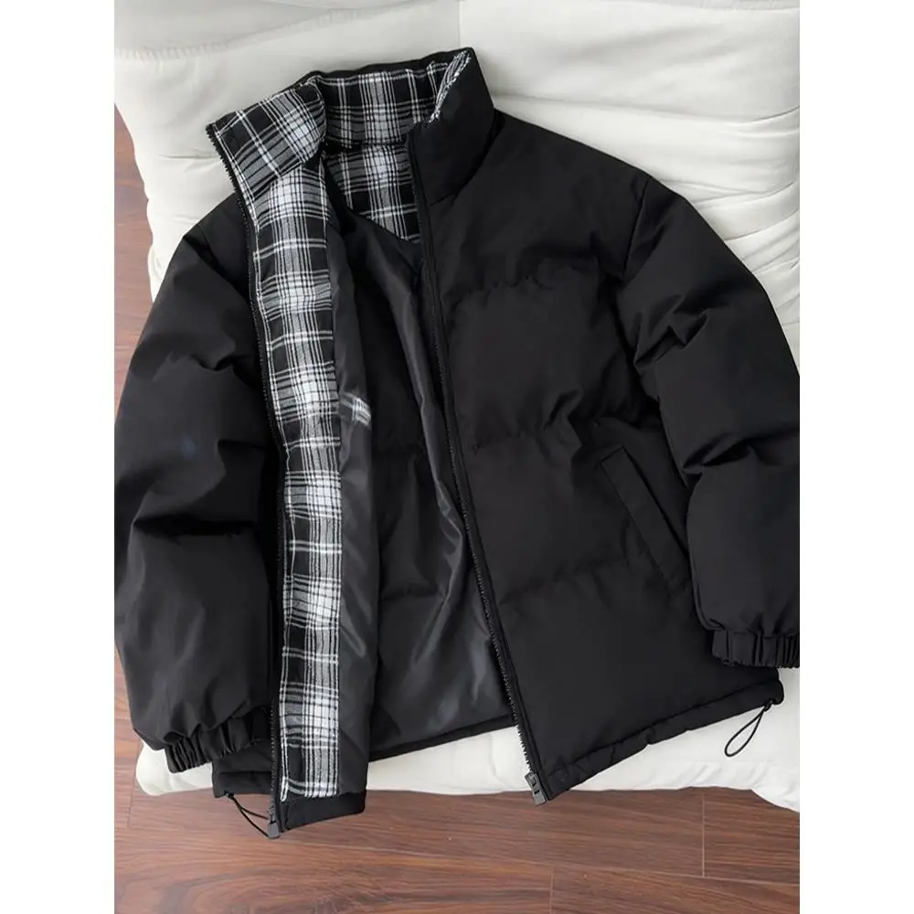 

Bla Plaid Spliced ort Cotton Jaet Men's American Cleanfit Warm Bread Sle Stand Collar Youth Casual Faion Winter Coat