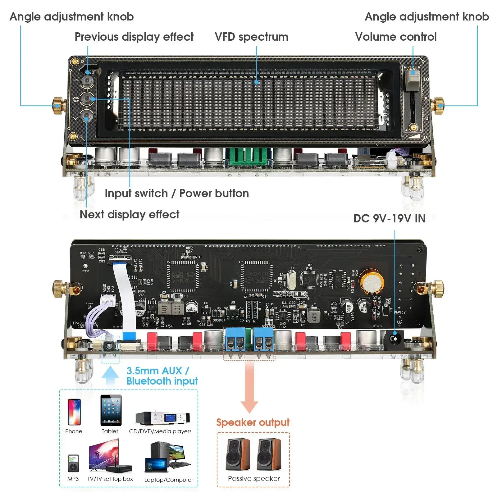 VFD Audio Spectrum Analyzer Speaker Receiver Power Amp G50 HIFI Bluetooth 5.0 Stereo Digital Amplifier Desktop Clock