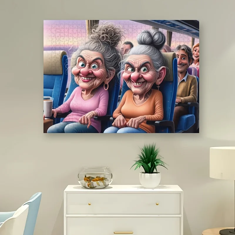 

1000pcs Sisterhood Outing Scene Puzzle - Charming Cartoon Grandmas on Bus, Mixed Colors, White Rectangular Design, Advanced Sk