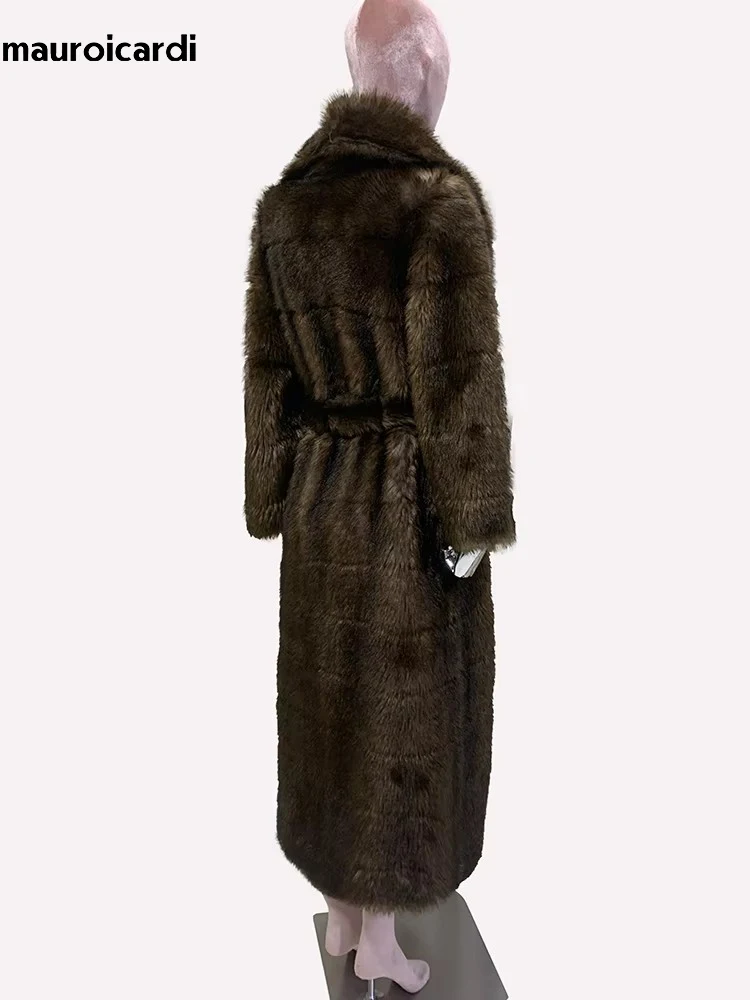 Mauroicardi Winter Elegant Long Thick Warm Striped Fluffy Brown Faux Sable Fur Coat Women Shawl Collar Sashes Furry Overcoat