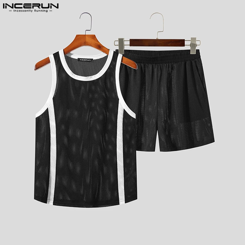 INCERUN 2023 Korean Style Mens Sets Sleeveless Tank Tops Shorts Handsome Men\'s Fashion Black&White Contrast Two Piece Sets S-5XL