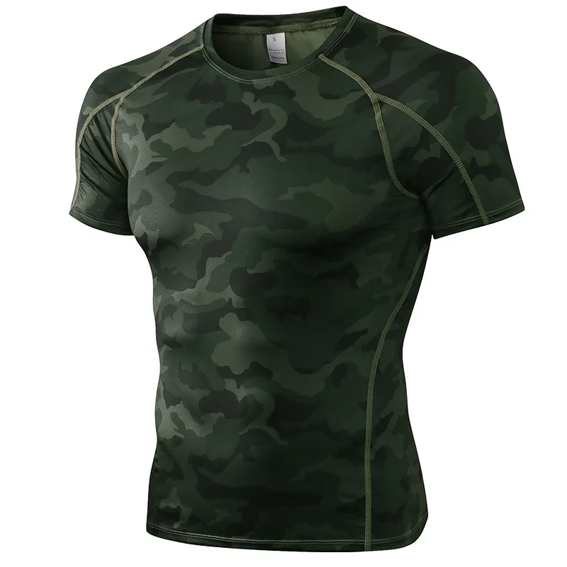 Camouflage Print Short Sleeve Compression Workout Athletic T-shirts Men Skinny Base Layer Sweatshirts Sportswear Active Wear