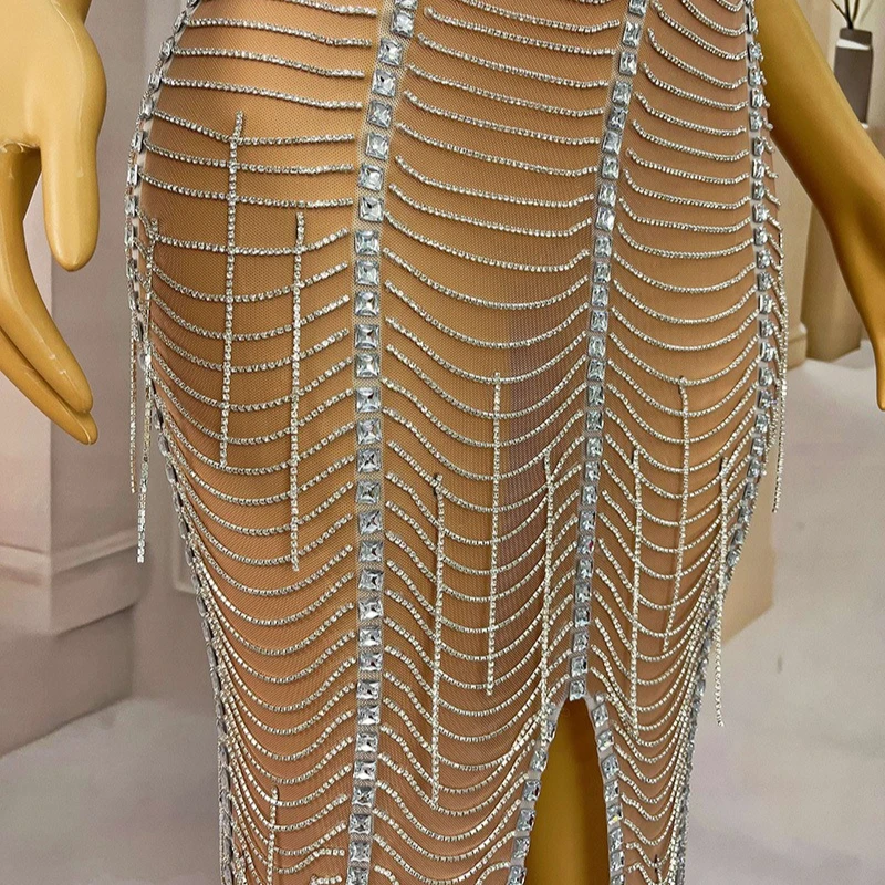 Brillant strass gland haut de gamme argent tempérament nu célébrité anniversaire robe de luxe société réunion annuelle robe de soirée