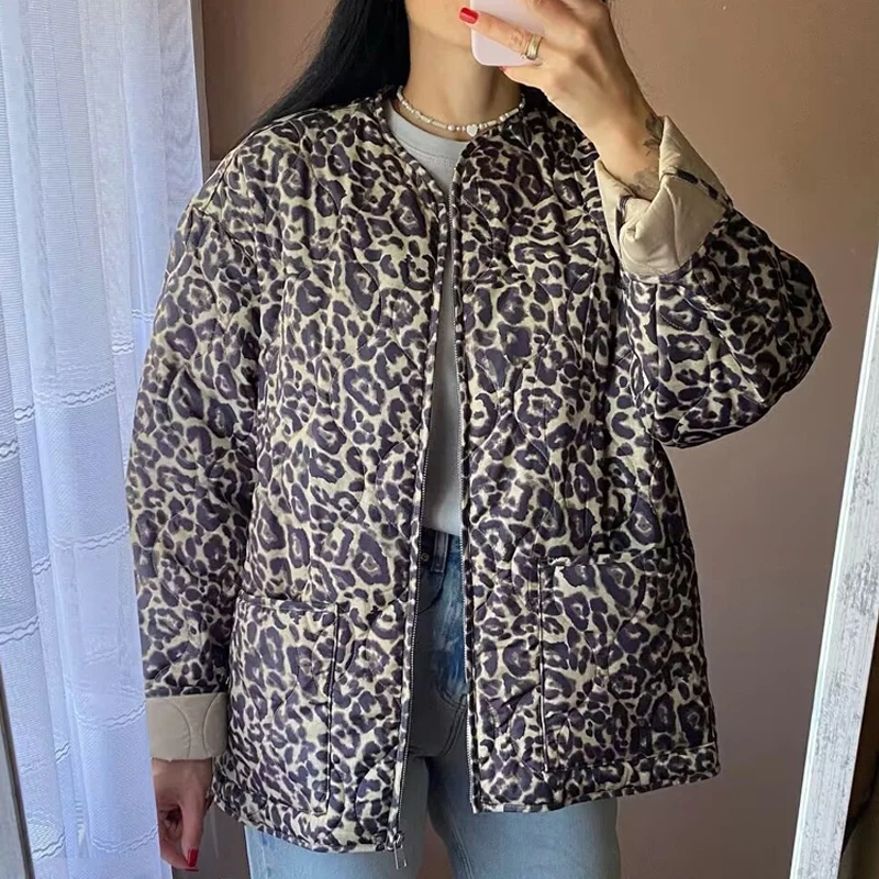 TRAF Quilted Jacket Woman Lightweight Padded Woman\'s Demi-Season Jacket For Women Outerwears Leopard Female Autumn Winter Coat