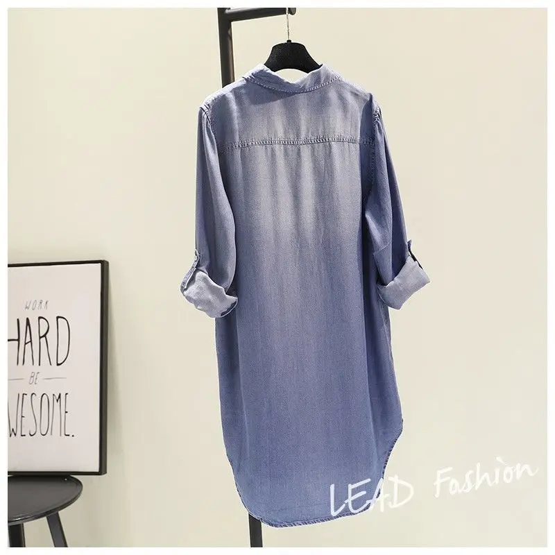 Fashion Women's Clothing Denim Shirt Medium Long Containing Cotton Denim Shirt Dress Double Pocket Rolled Sleeve Thin Blouses