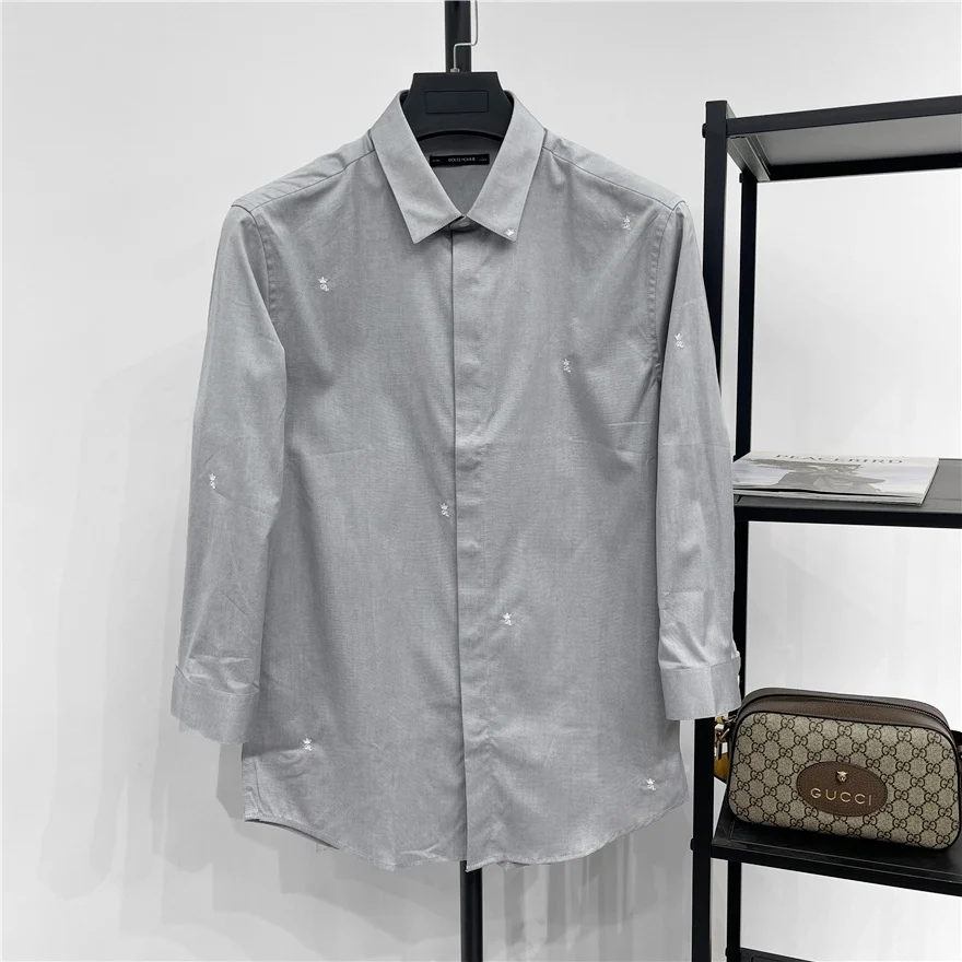 

Slim Fit Men's Summer irt Pure Cotton f Sve Embroidered Square Collar Light ay Cotton irt Korean Sle Single Wear