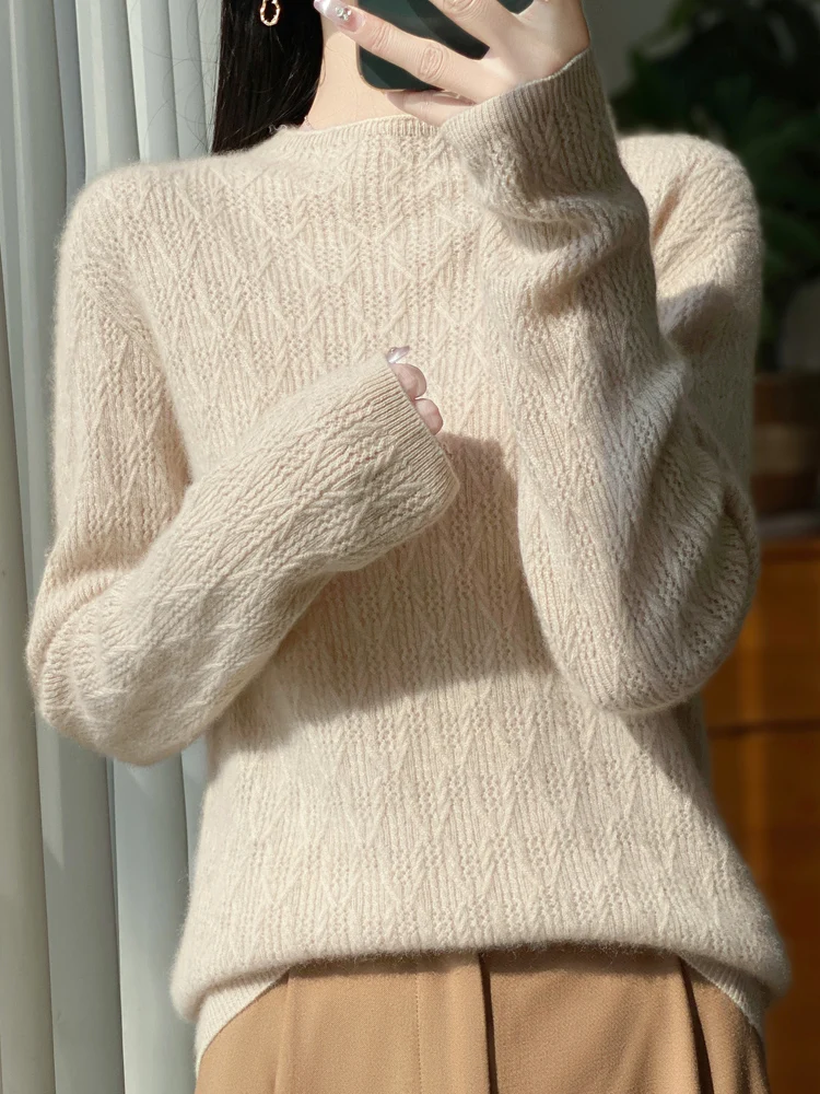 Women Wool Sweater Mock Neck Hollow Out Pullover Diamond Jacquard Long Sleeve Autumn Winter Grace 100% Merino Wool Knitwear Tops
