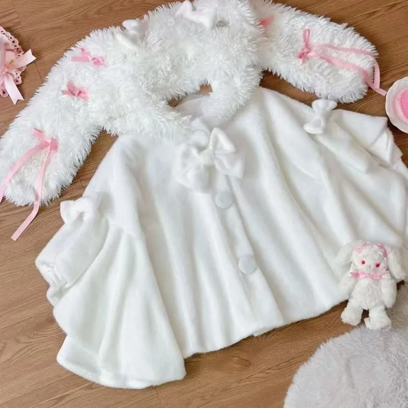 

Autumn Winter Sweet Lolita Shawl Overcoat Women Kawaii Bow Plush Patchwork Rabbit Long Ear Hooded Cloak Female Warm Capes Coat