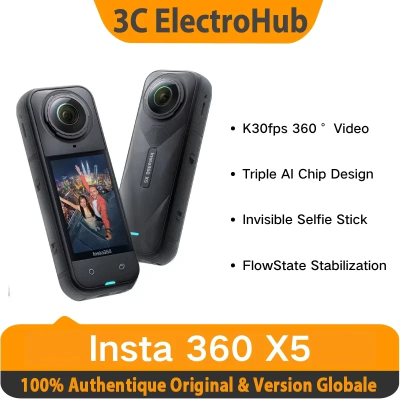 Cámara de acción Insta360 X5 8K 360°, impermeable, efecto de palo selfie invisi…