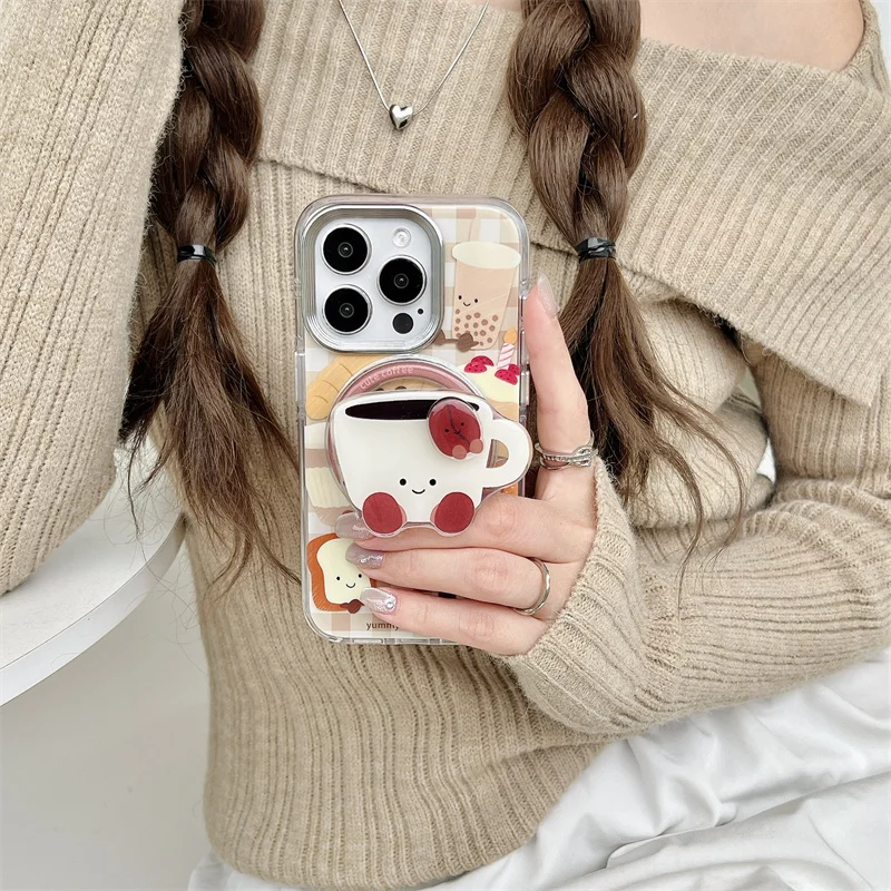 Korean Cute Toast Coffee Cartoon Magsafe Wireless Charge Phone Case For iPhone 13 14 15 16 Pro Max Funny Coffee Magnetic Holder