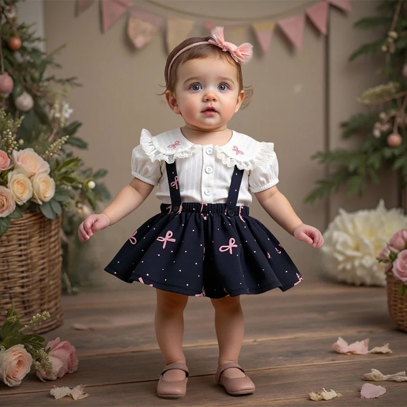 

Infant Set Summer Baby Girls Suit Solid Cotton Fashion Square Neck Embroidered Bow White Shirt+Ruffle Romper Set Toddler Clothes