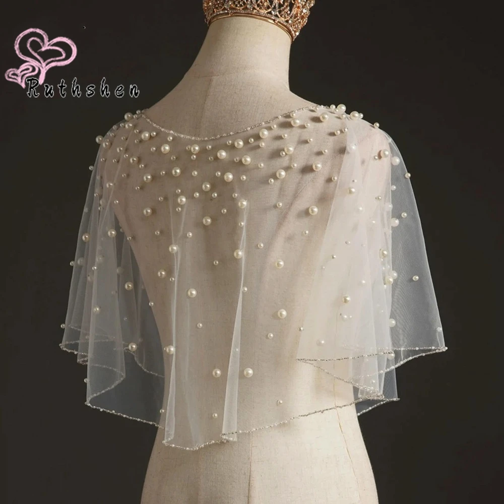 

Wedding Bolero White Ivory Pearls Beaded Elegant Tulle Cape Boleros De Mujer Wraps Shrugs Shawls for Bride Bridal Accessories